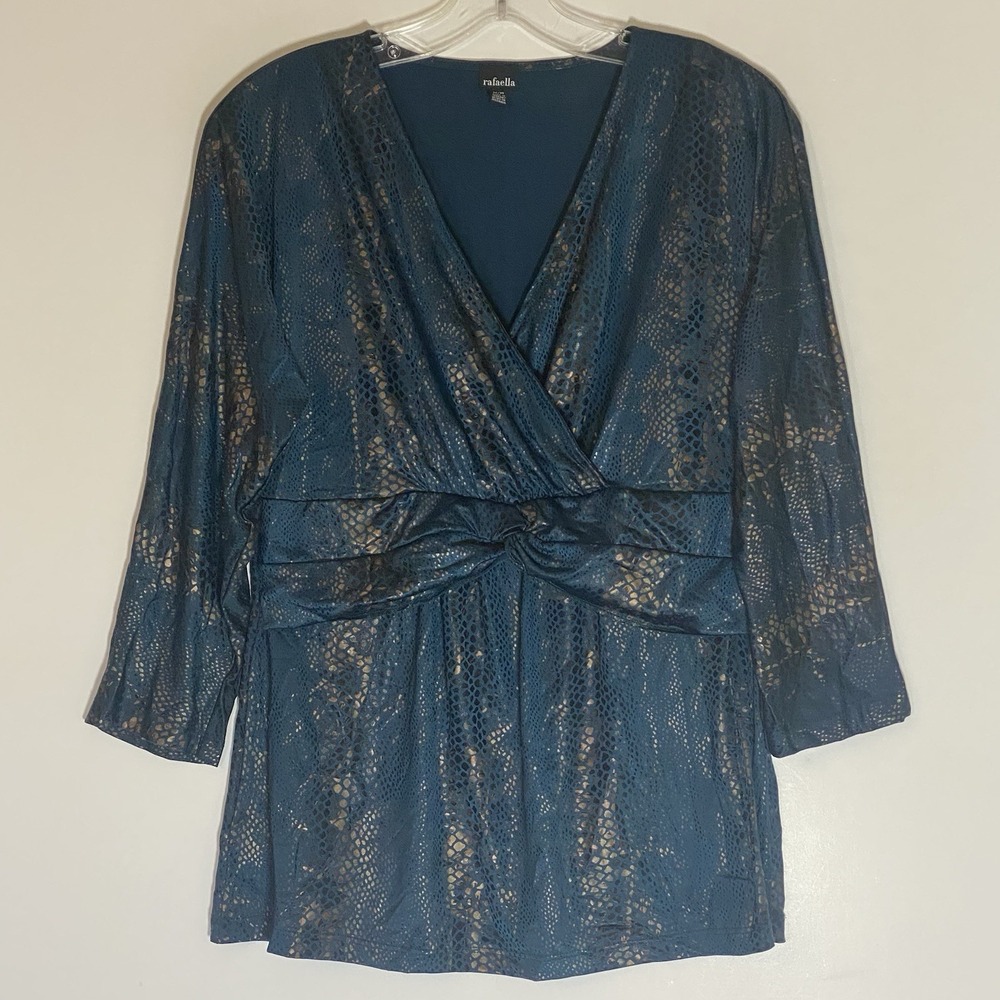 Rafaella Top Womens Medium Blue Gold Multi Ruffle 3/4 Sleeve V Neck Classy City